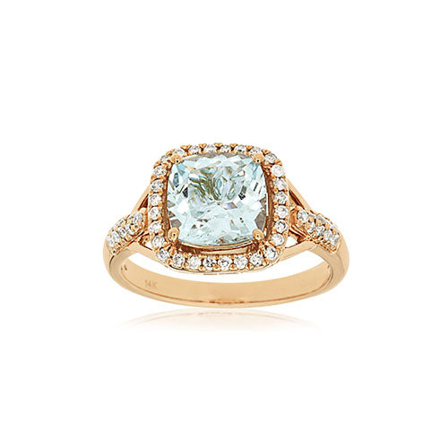 Aquamarine and Diamond Cushion-Cut Ring in 14k Rose Gold