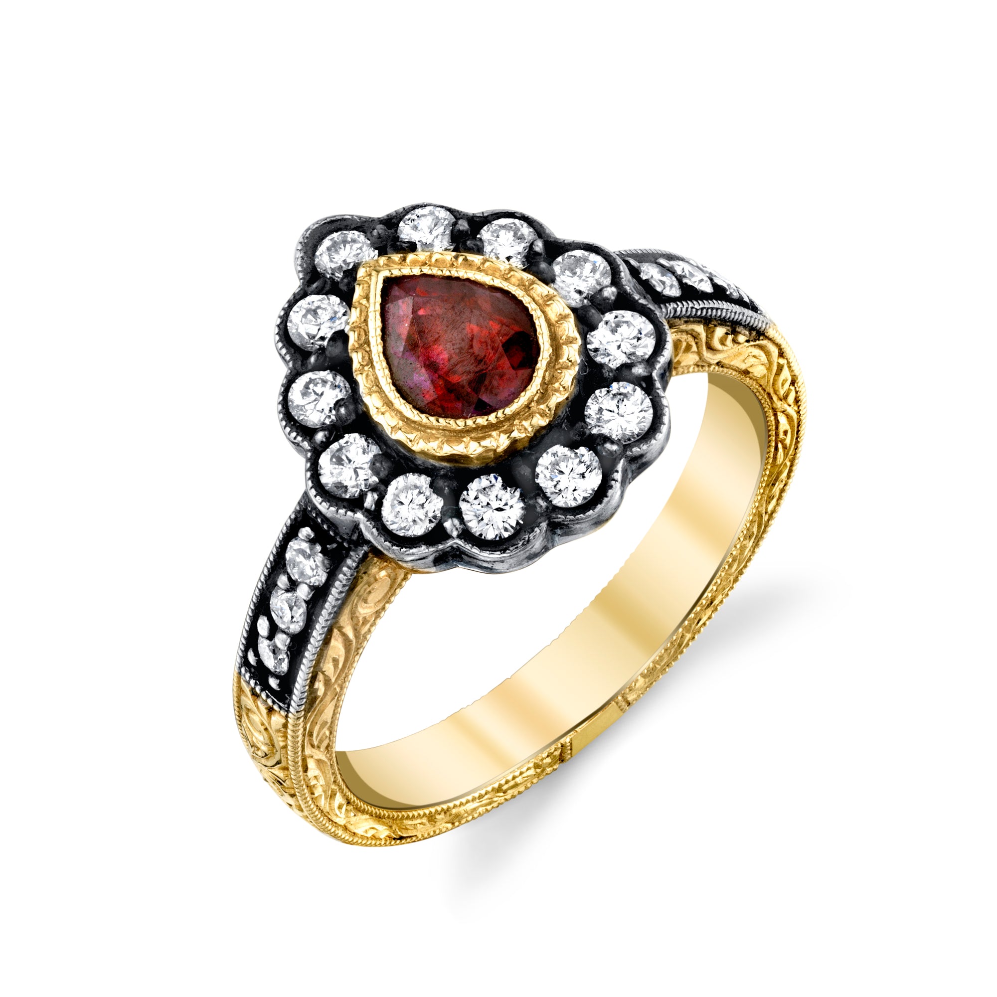 14k Yellow Gold, Ruby, and Diamond Hand Engraved Ring by Lord Jewelry - Talisman Collection Fine Jewelers