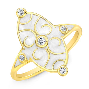 18k Yellow Gold and White Enamel Scroll Diamond Ring by Lord Jewelry - Talisman Collection Fine Jewelers