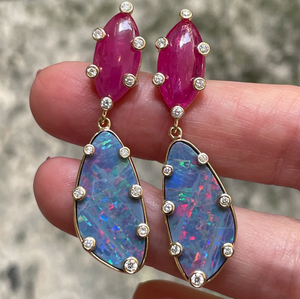 Boulder Opal and Ruby Drop Earrings by Eden Presley