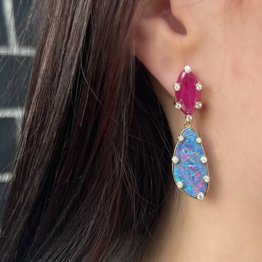 Boulder Opal and Ruby Drop Earrings by Eden Presley