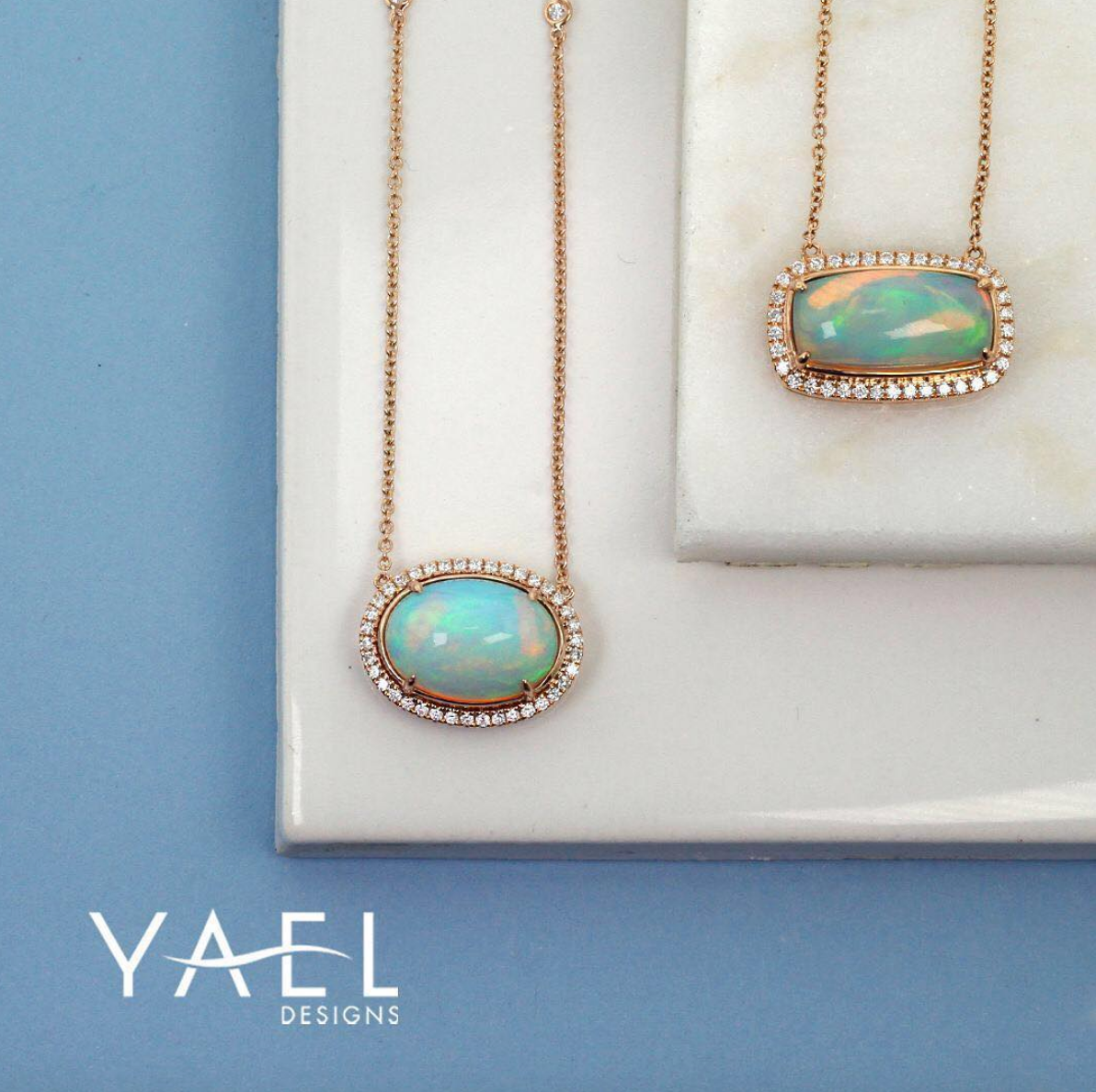 Rectangular White Opal and Diamond Necklace by Yael - Yellow Gold - Talisman Collection Fine Jewelers