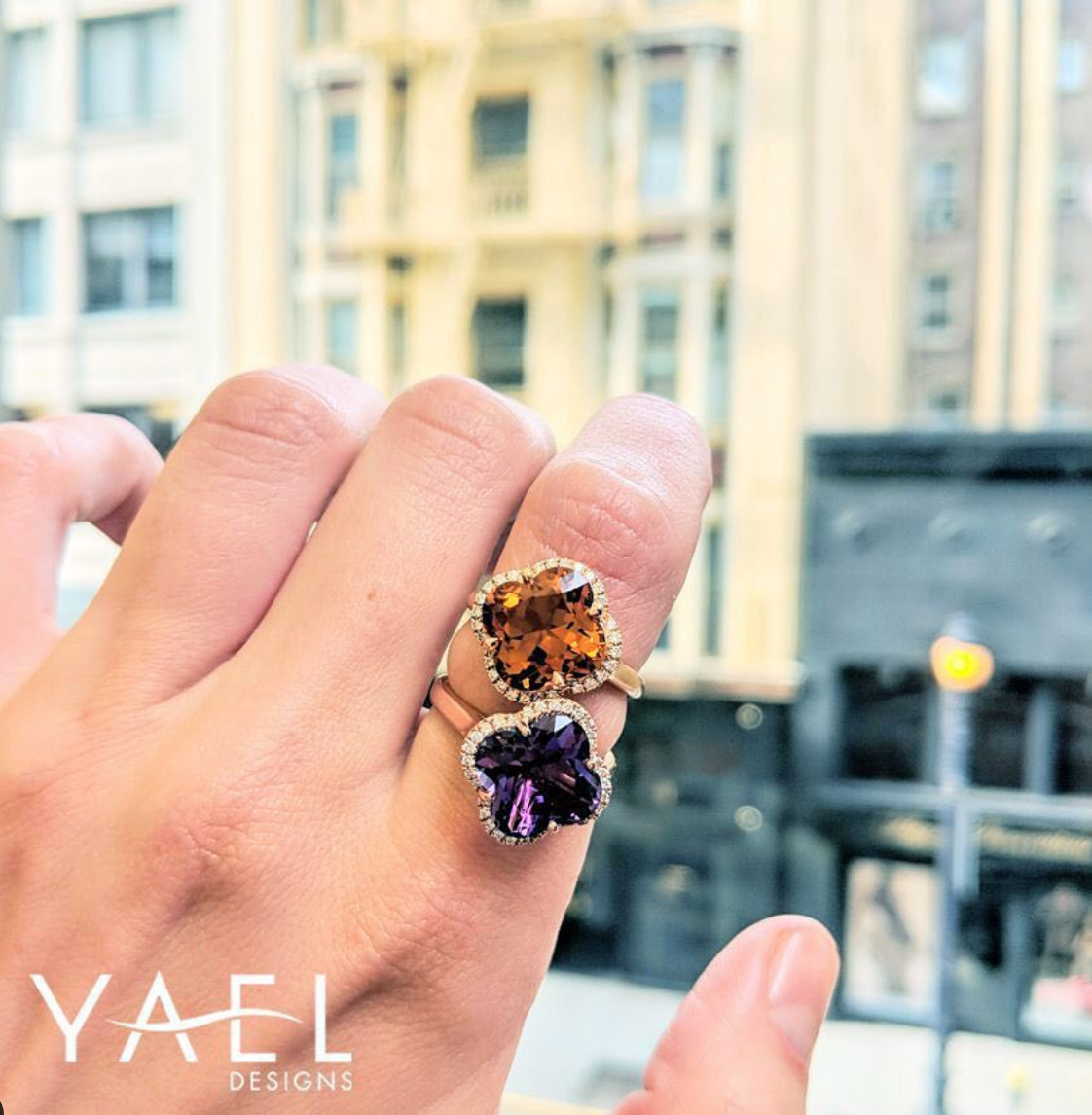 Amethyst Flower and Diamond Ring by Yael Rose Gold