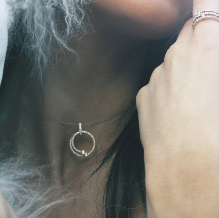 Diamond Baguette Open Circle Necklace in White and Rose Gold - Talisman Collection Fine Jewelers