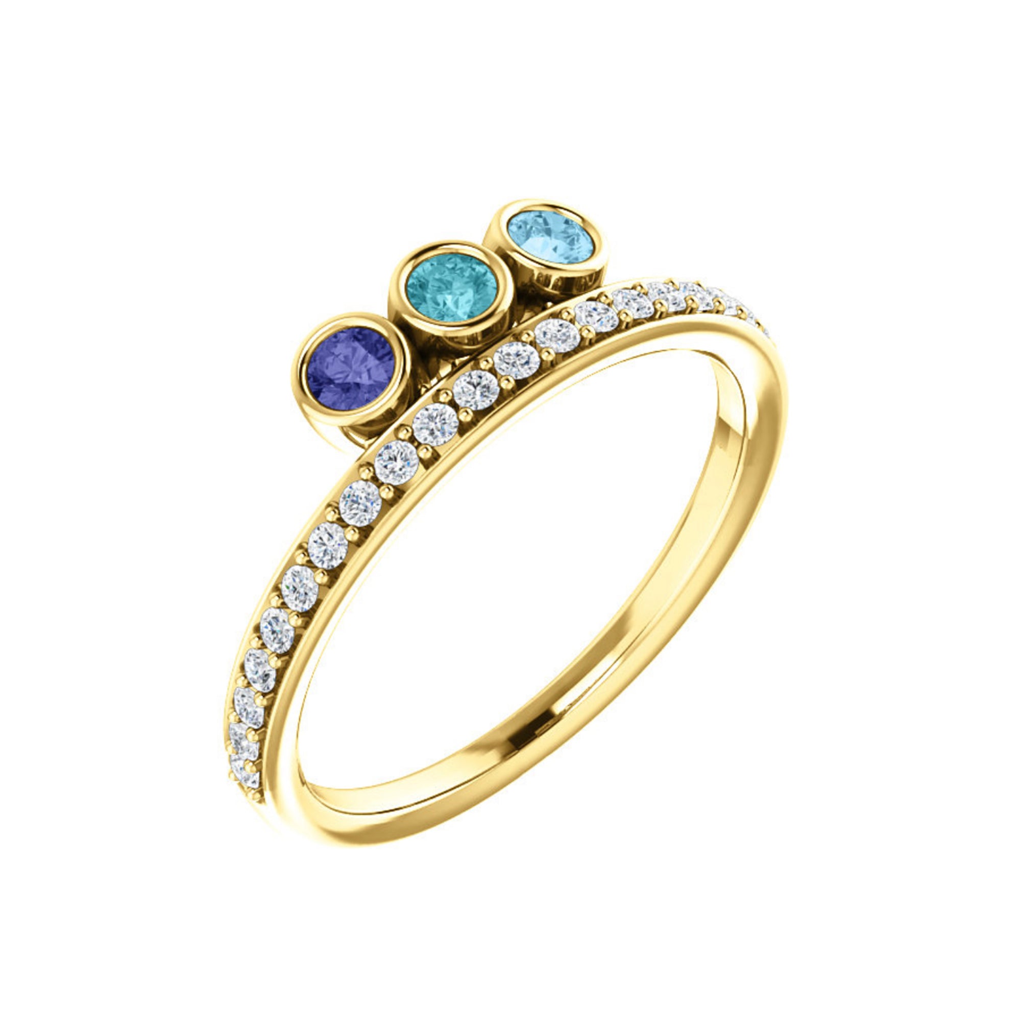 Custom 14k Gold 3-Stone and Diamond Family Ring - Talisman Collection Fine Jewelers