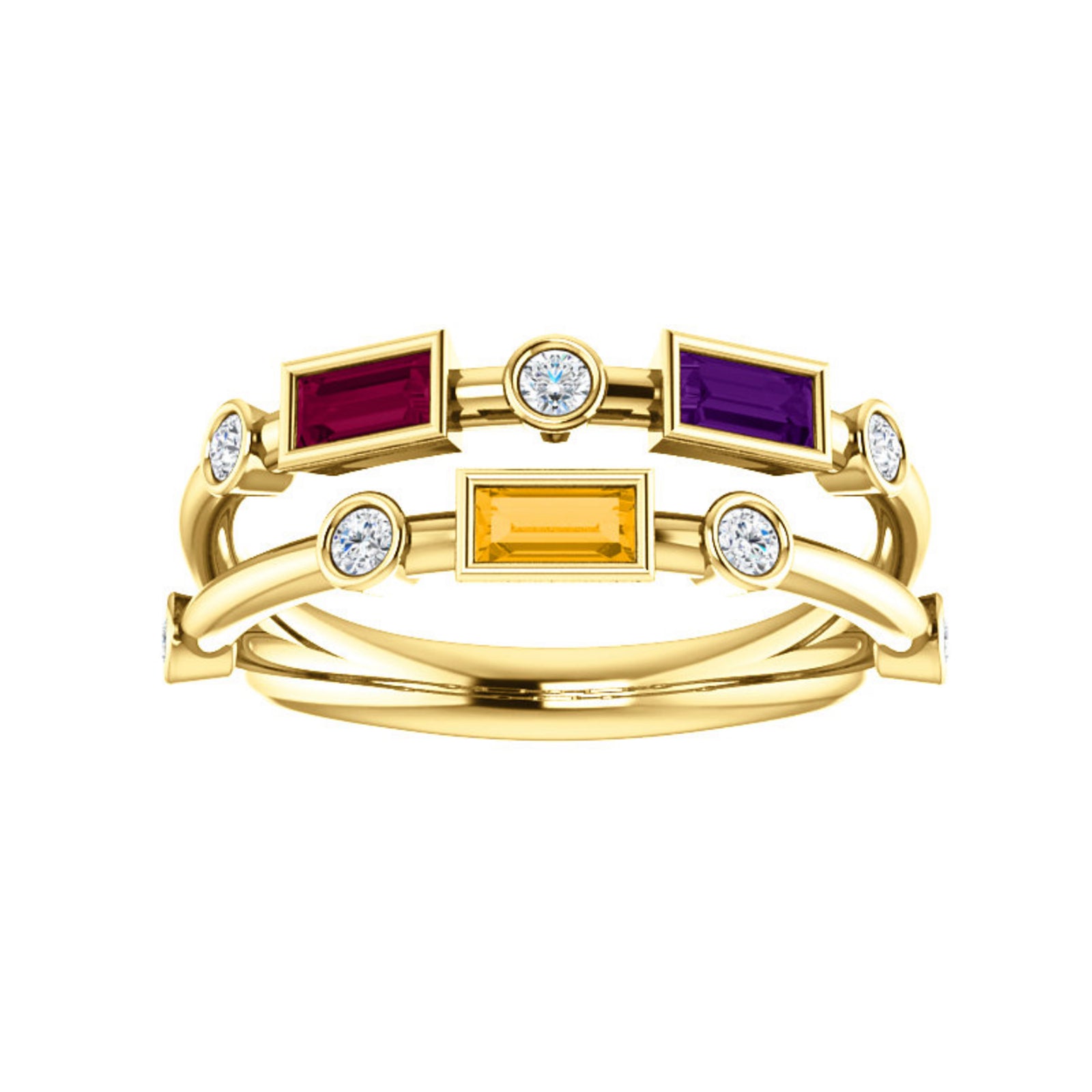 Custom 14k Gold Baguette 3-Stone and Diamond Family Ring - Talisman Collection Fine Jewelers