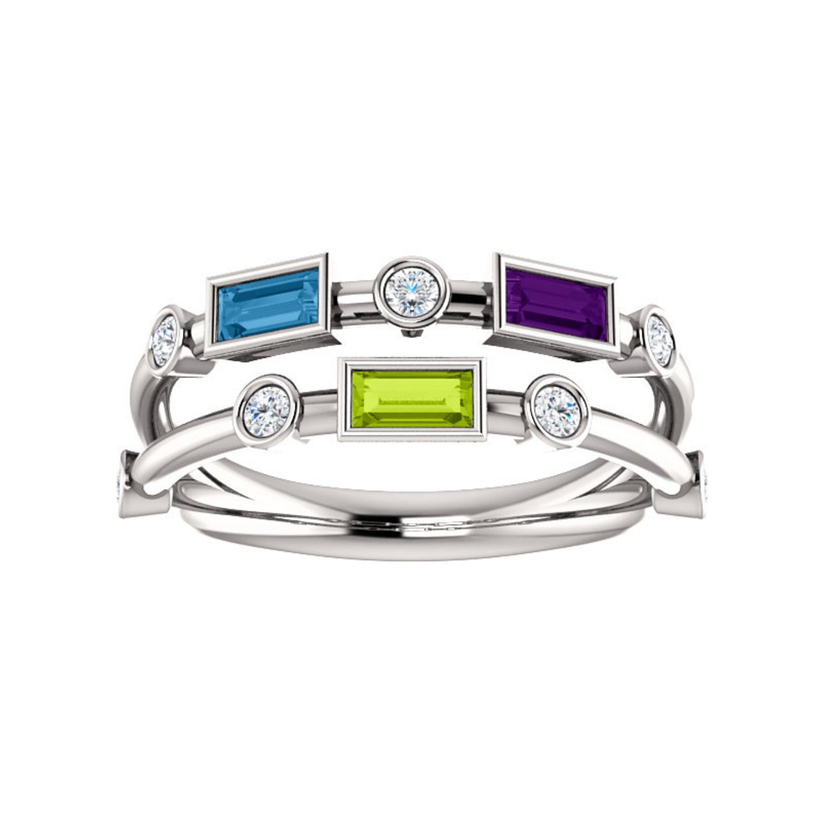 Custom 14k Gold Baguette 3-Stone and Diamond Family Ring - Talisman Collection Fine Jewelers