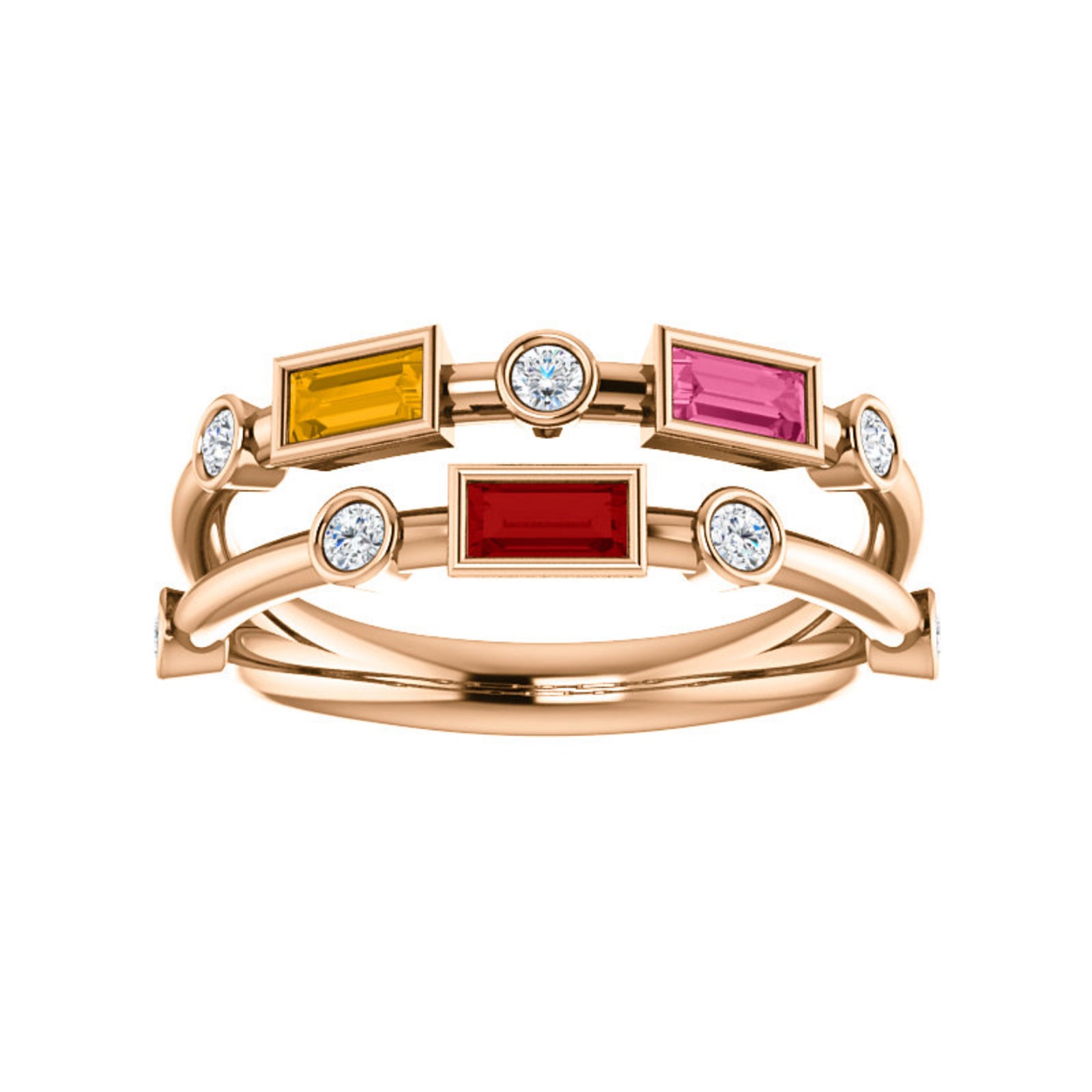 Custom 14k Gold Baguette 3-Stone and Diamond Family Ring - Talisman Collection Fine Jewelers