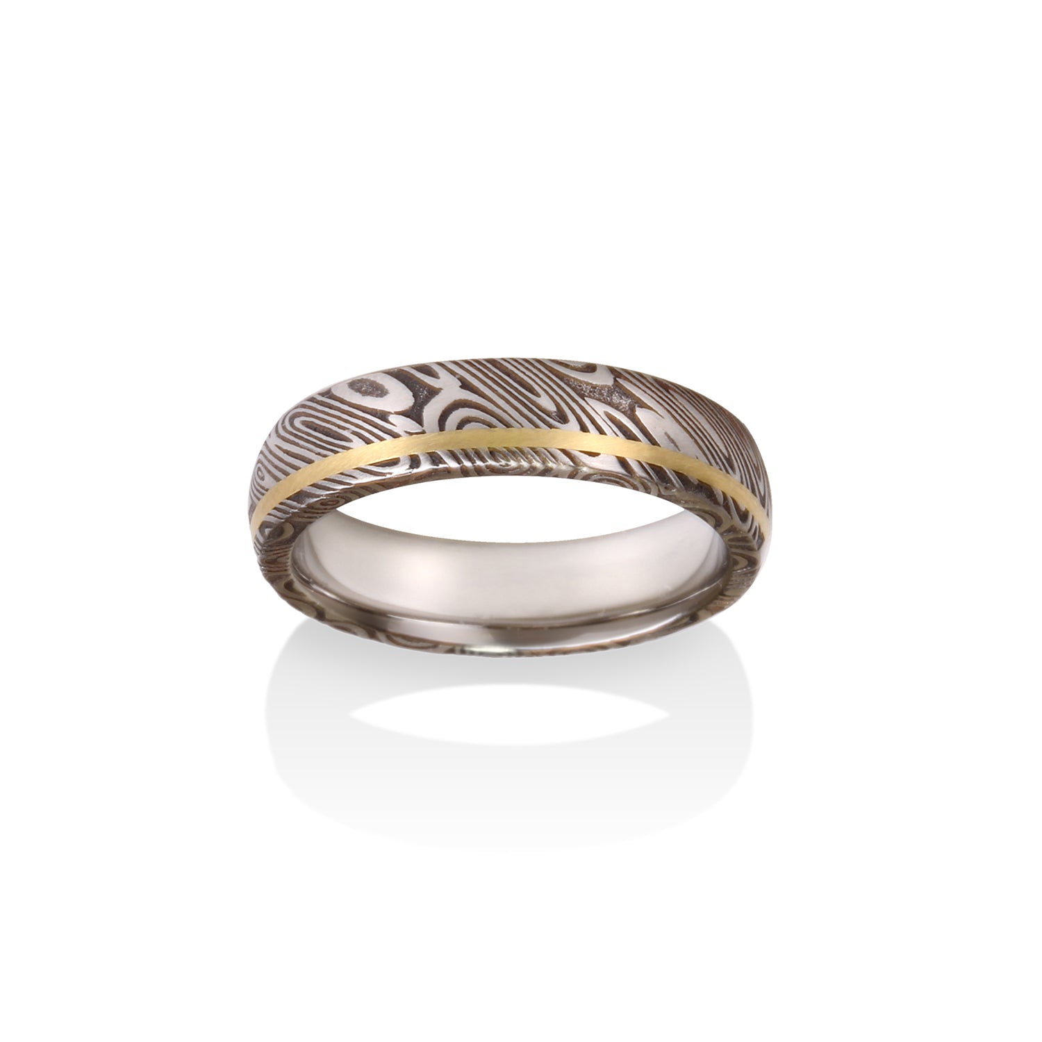 Wood Grain Damascus Steel Ring by Chris Ploof - 18k Yellow Gold Inlay - Talisman Collection Fine Jewelers