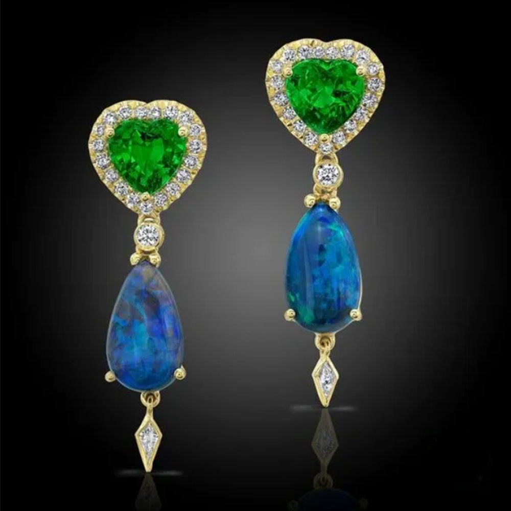 Australian Opal, Tsavorite and Diamond, 18k Yellow Gold Earrings - Talisman Collection Fine Jewelers