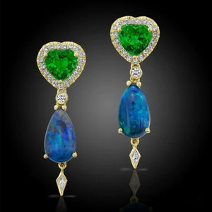 Australian Opal, Tsavorite and Diamond, 18k Yellow Gold Earrings - Talisman Collection Fine Jewelers