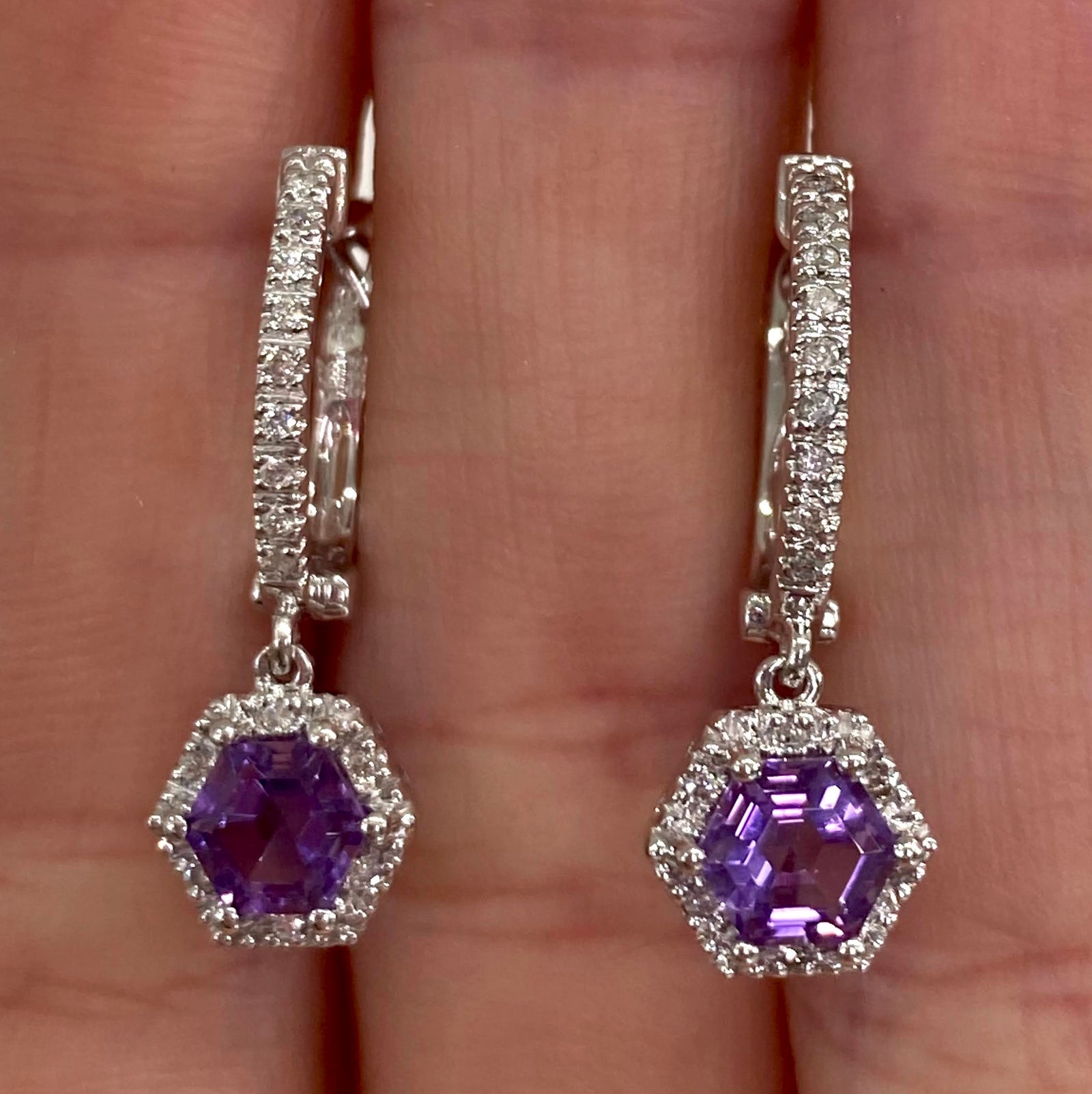 Amethyst and Diamond Drop Earrings in 14k White Gold