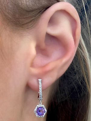 Amethyst and Diamond Drop Earrings in 14k White Gold