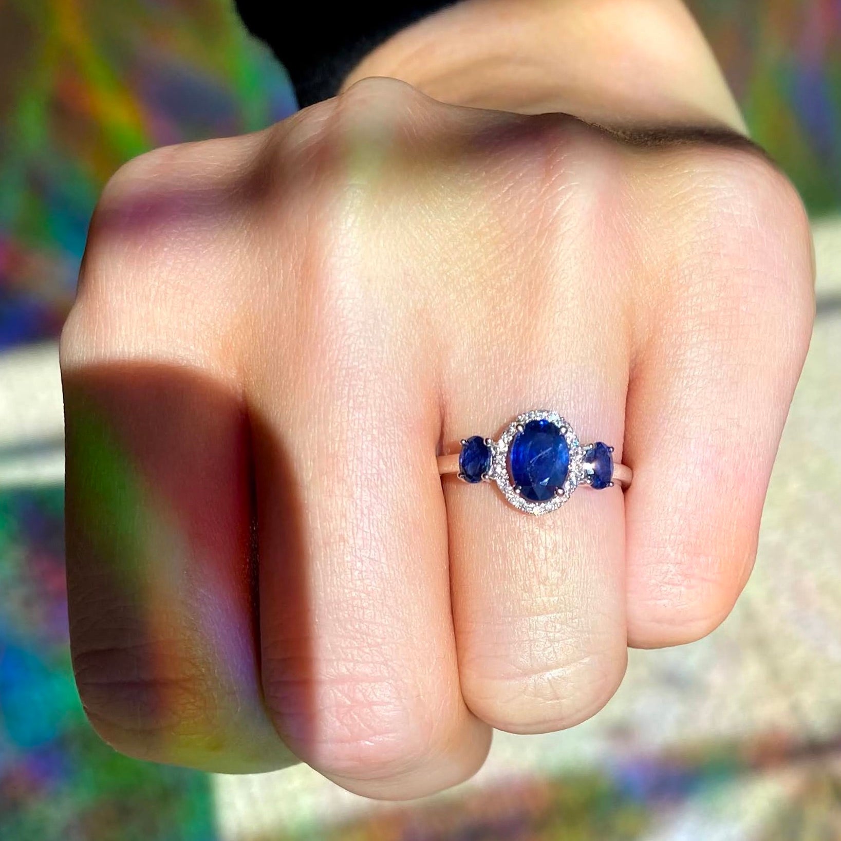 Blue Sapphire and Diamond 3-Stone Ring