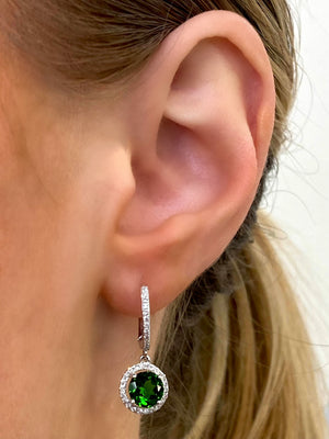 Chrome Diopside and Diamond Halo Drop Earrings