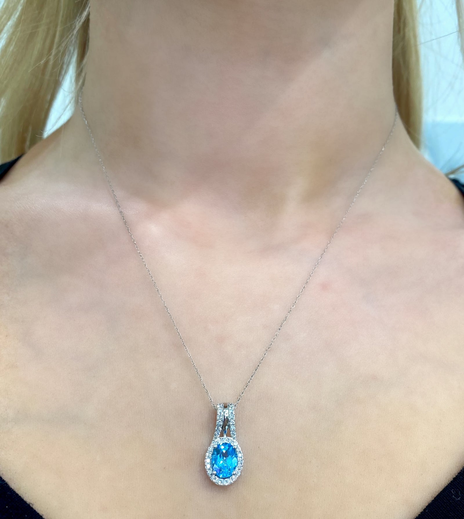Blue Topaz and Diamond Necklace in 14k White Gold