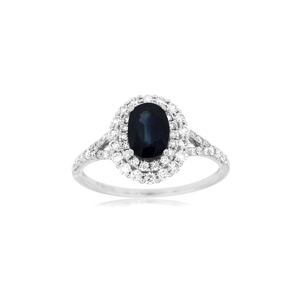 Blue Sapphire and Diamond Double Halo Ring