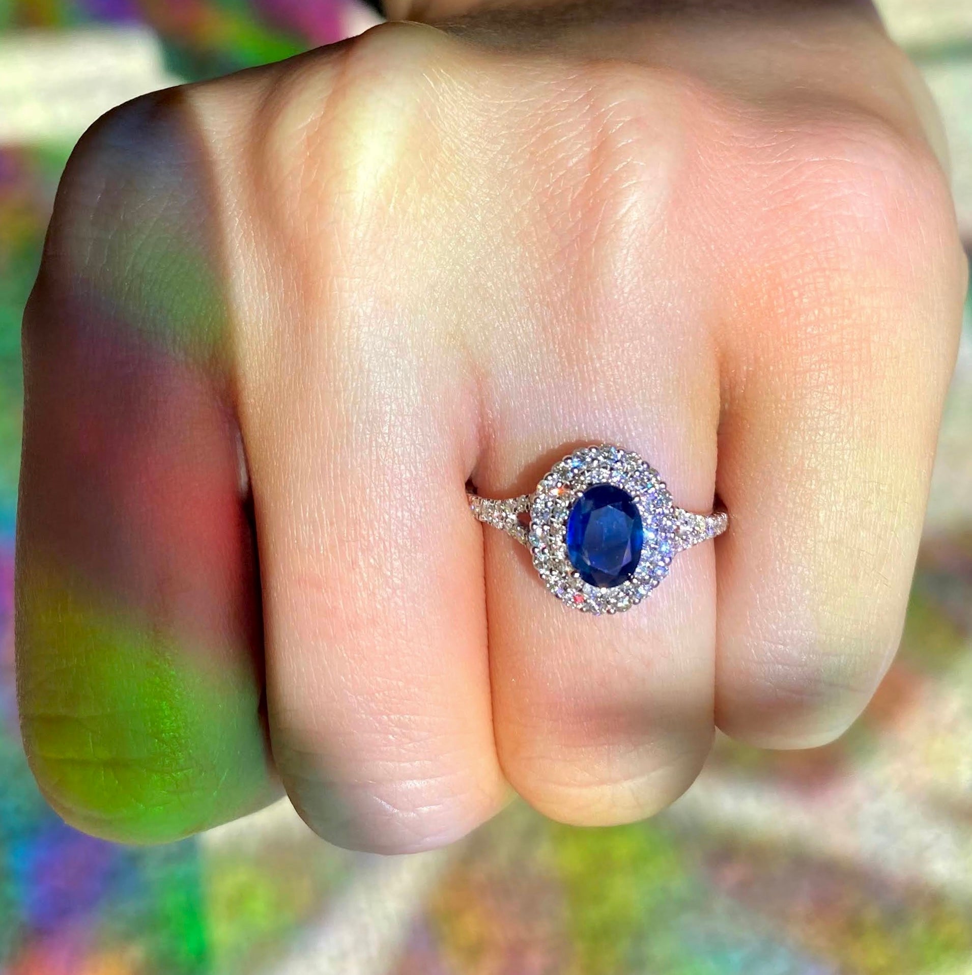 Blue Sapphire and Diamond Double Halo Ring