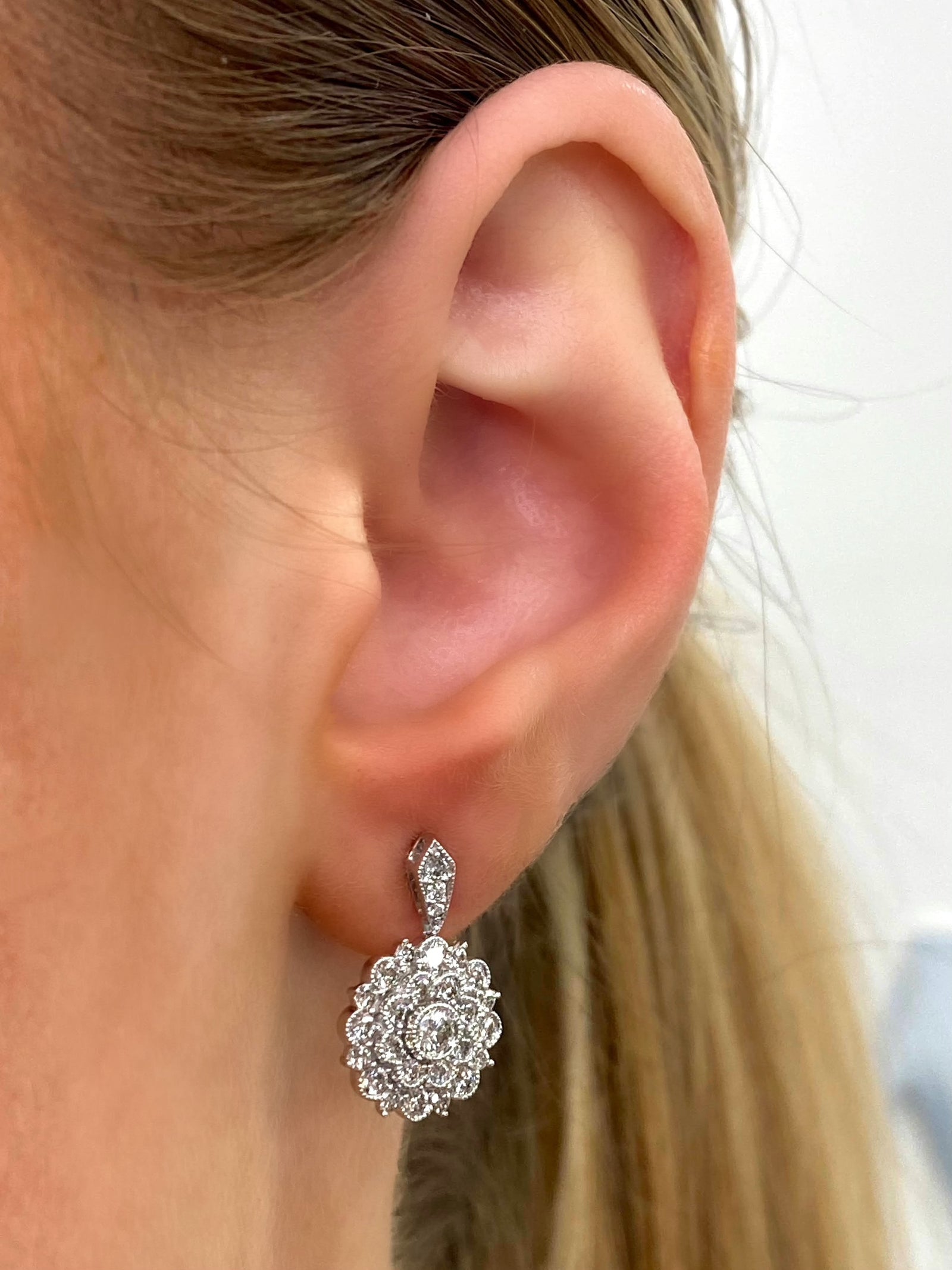 Diamond Bloom Drop Earrings in 14k White Gold