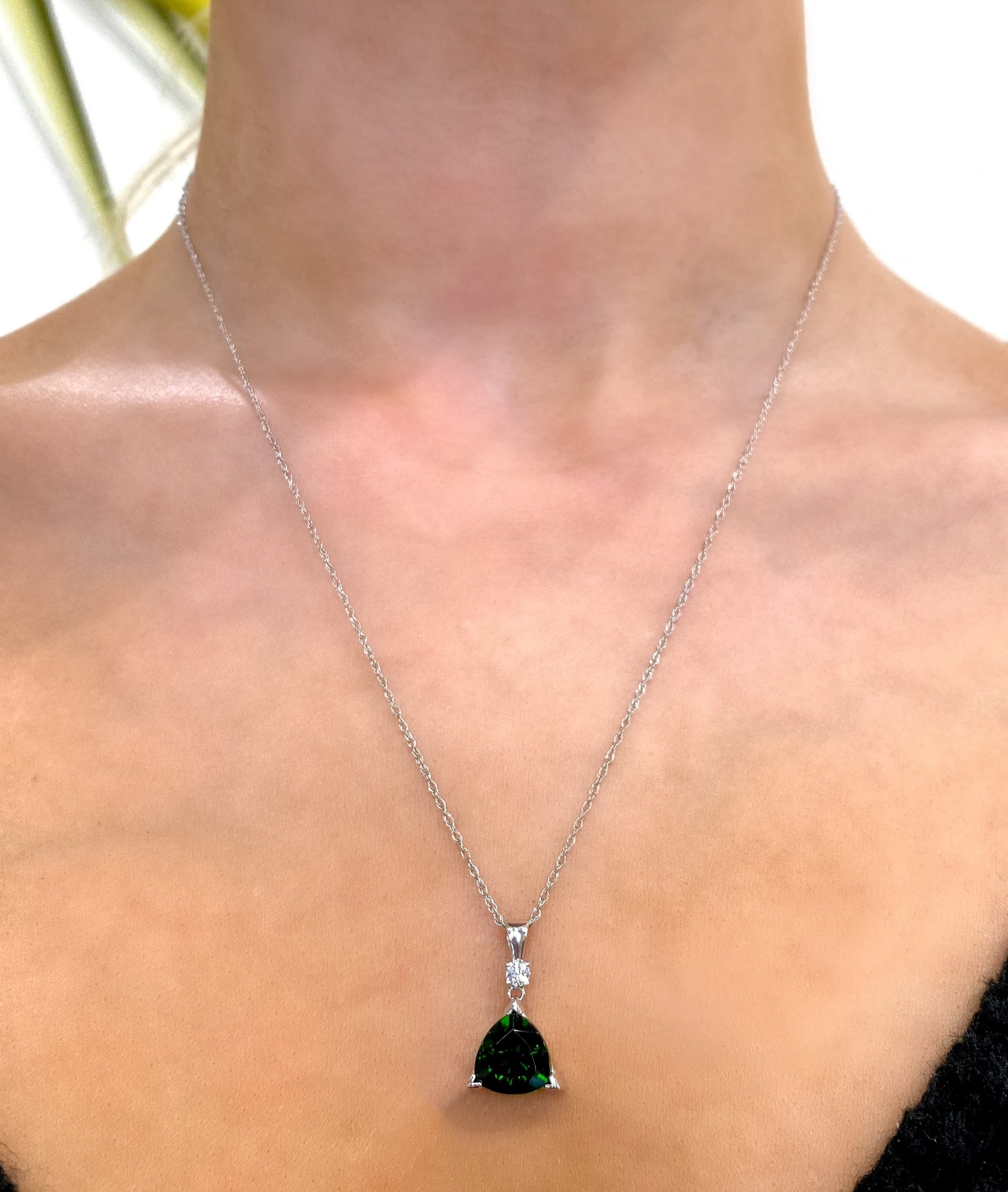 Chrome Diopside and Diamond Trillion Necklace in 14k White Gold