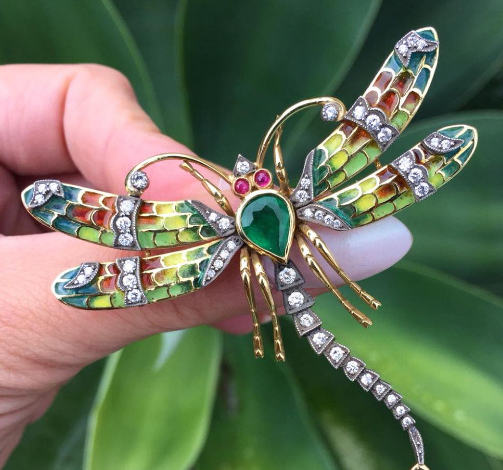 18k Yellow Gold Emerald Dragonfly Pendant by Lord Jewelry