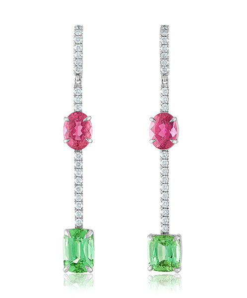 Mint and Pink Tourmaline Drop Earrings with Diamonds by Lisa Nik