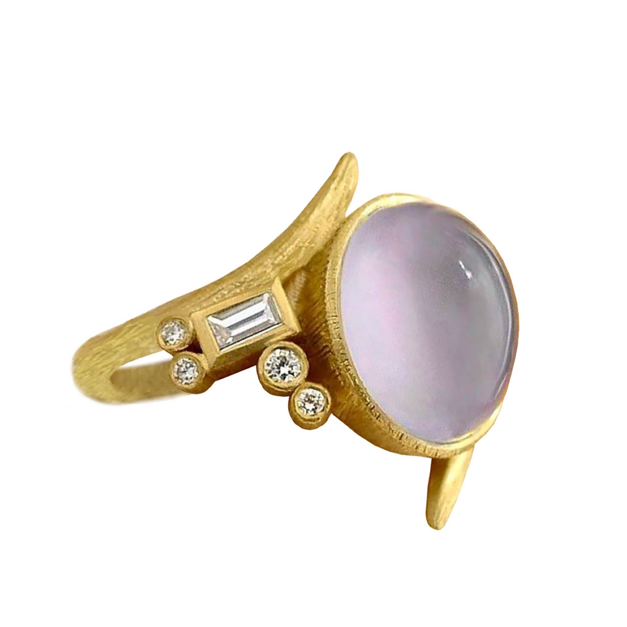 Lavender Chalcedony Vine Ring by Laurie Kaiser available at Talisman Collection Fine Jewelers in El Dorado Hills, CA and online. Made from 18k yellow gold, it features a luminescent lavender chalcedony stone that's accented with 0.18 carats of white brilliant-cut and baguette diamonds, giving it an extra sparkle. The unique vine design adds an air of sophistication to the ring making it a piece you'll treasure forever. 