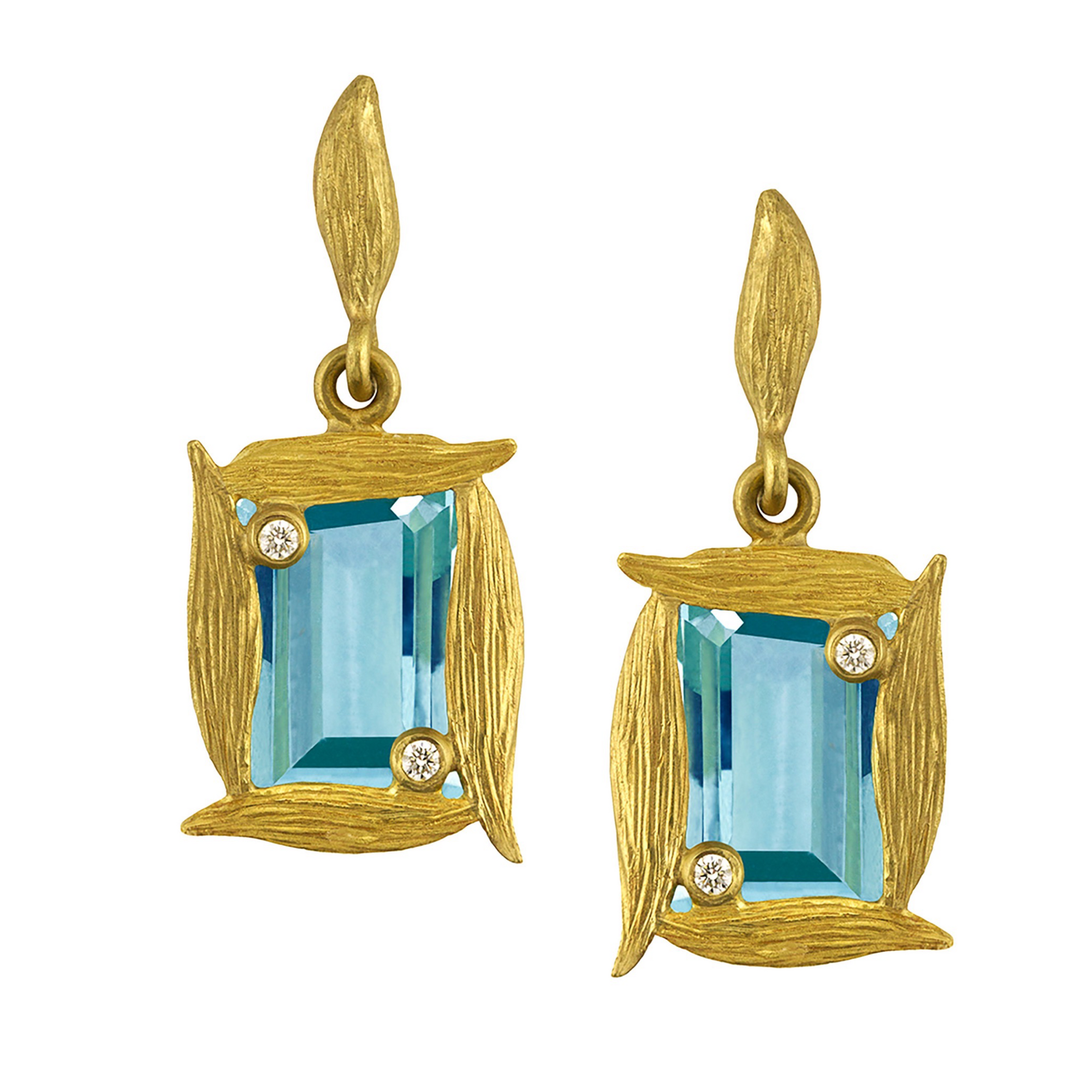 Sky Blue Topaz Vine Framed Earrings by Laurie Kaiser available at Talisman Collection Fine Jewelers in El Dorado Hills, CA and online. Expertly crafted with 18k yellow gold vines, these earrings feature stunning sky blue topaz gems that are perfectly accented by white brilliant diamonds totaling 0.04 cts. The classic post backs provide a secure and comfortable fit for all-day wear.