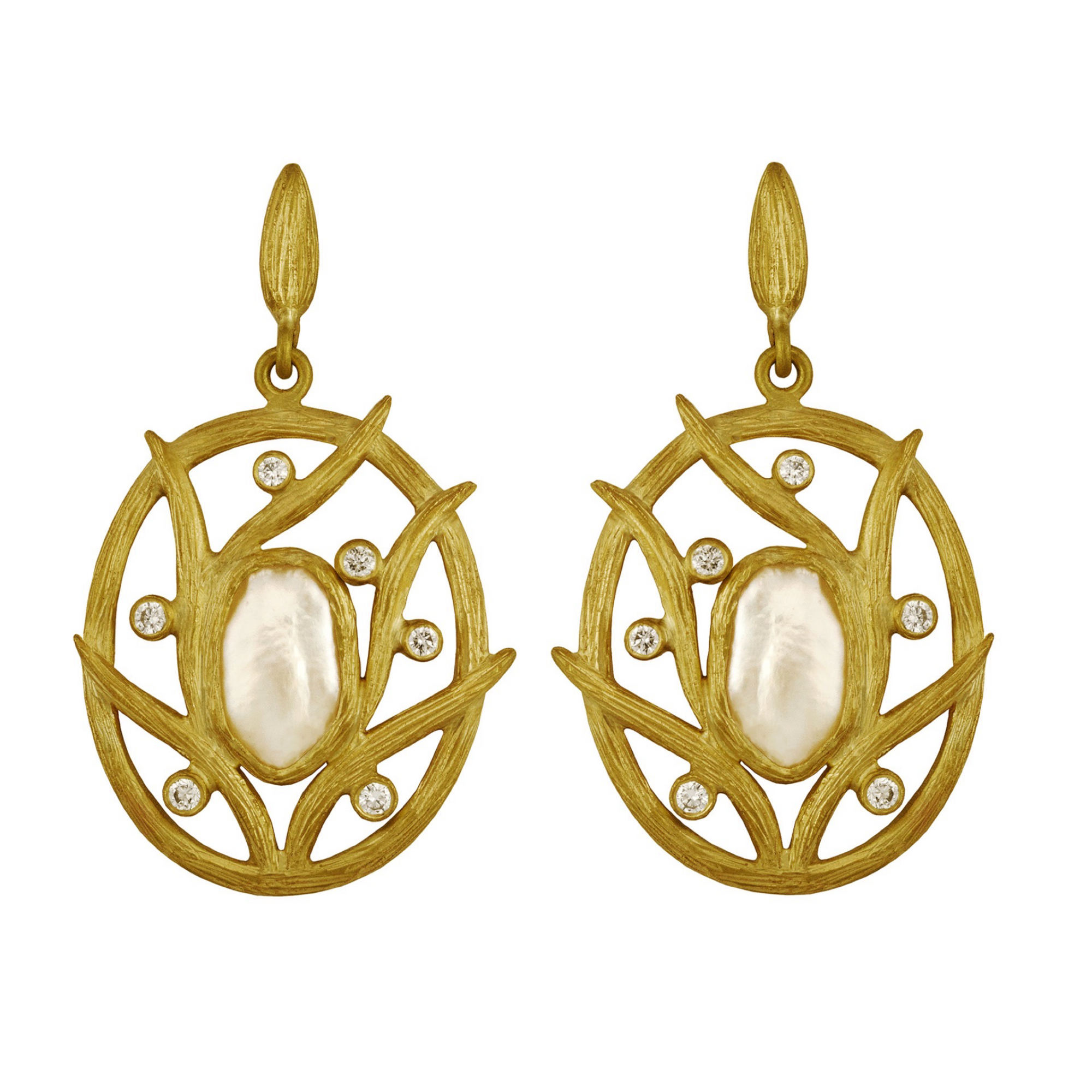 Pearl and Diamond Vine Pear Earrings by Laurie Kaiser available at Talisman Collection Fine Jewelers in El Dorado Hills, CA and online. Sophisticated and elegant, the Pearl and Diamond Vine Pear Earrings, feature natural pearls and white brilliant diamonds set in 18k yellow gold. With a total diamond weight of 0.17 carats, these exquisite earrings are perfect for any occasion. You'll love wearing them again and again.