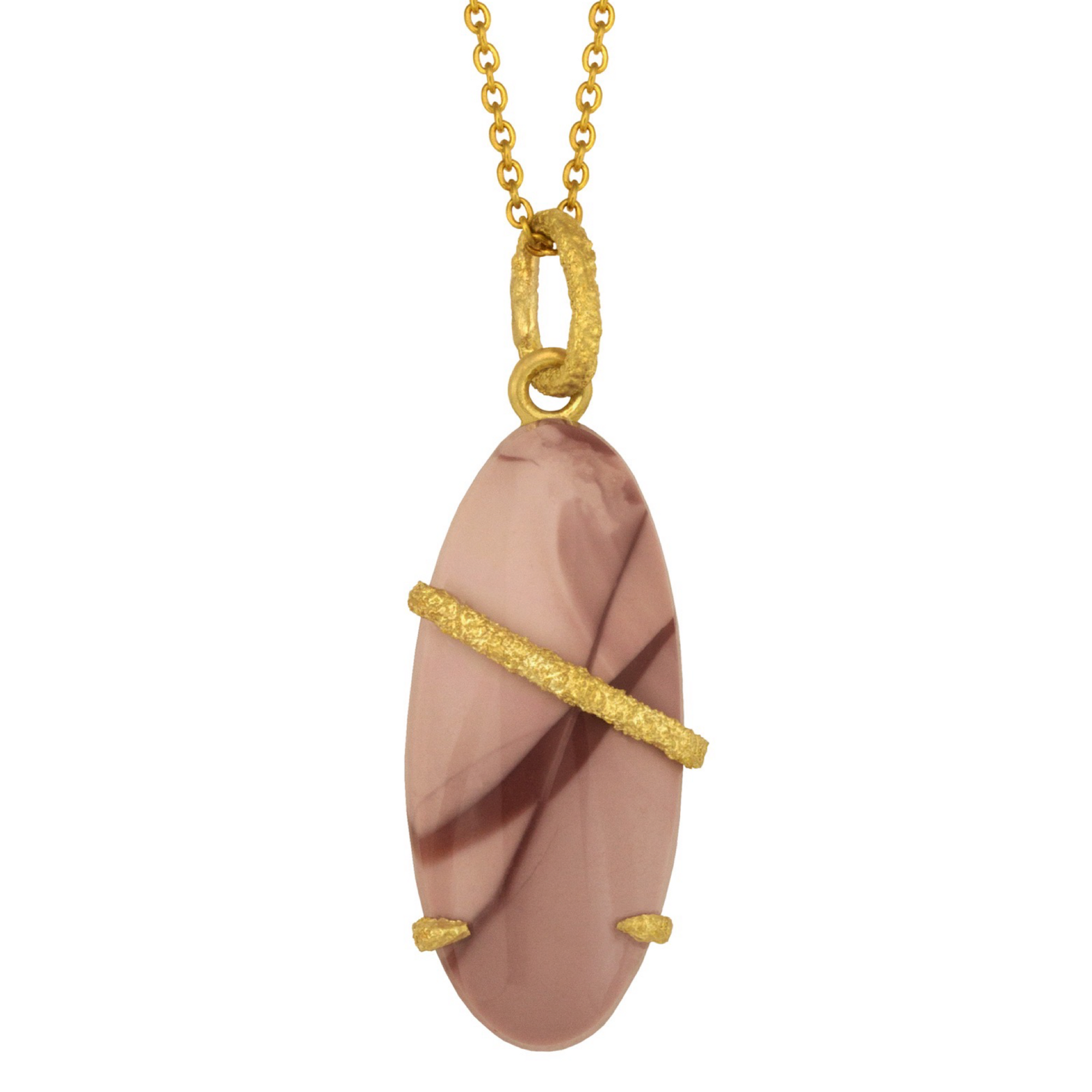 Imperial Jasper Ribbon Necklace by Laurie Kaiser available at Talisman Collection Fine Jewelers in El Dorado Hills, CA and online. This beautiful, pink Imperial jasper pendant is wrapped with a graceful ribbon of 18k yellow gold. Jasper is believed to promote feelings of tranquility and calm, making this necklace not just a stylish accessory, but a meaningful one as well. The necklace is offered with your choice of 18" blackened silver chain or 18" 18k yellow gold chain.