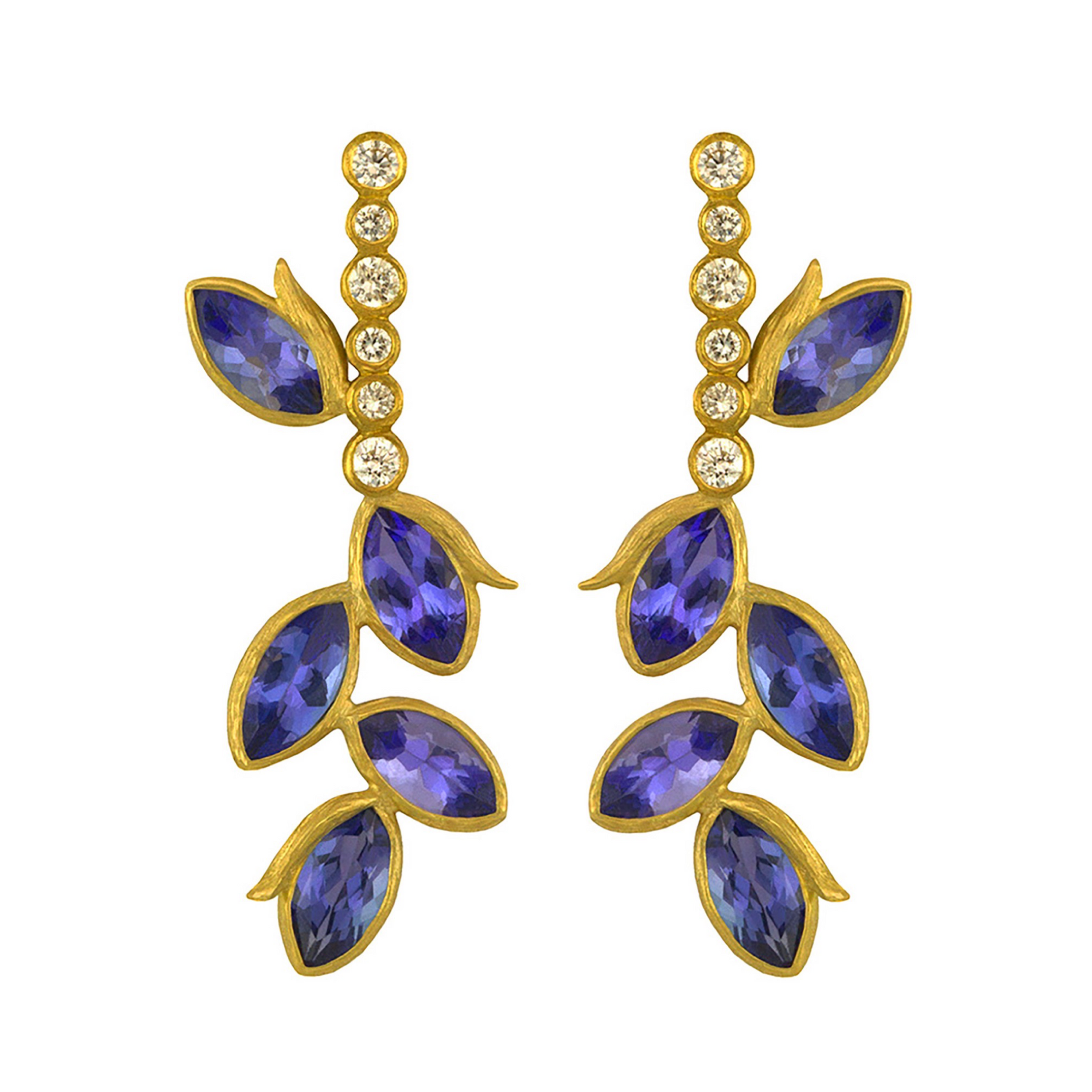 Tanzanite Vine Earrings by Laurie Kaiser available at Talisman Collection Fine Jewelers in El Dorado Hills, CA and online. Crafted from 18k yellow gold and feature marquis cut Tanzanite leaves that trail from a line of white diamonds. With 0.20 cts of diamonds, these earrings provide the perfect sparkle that will add an elegant touch to any outfit.
