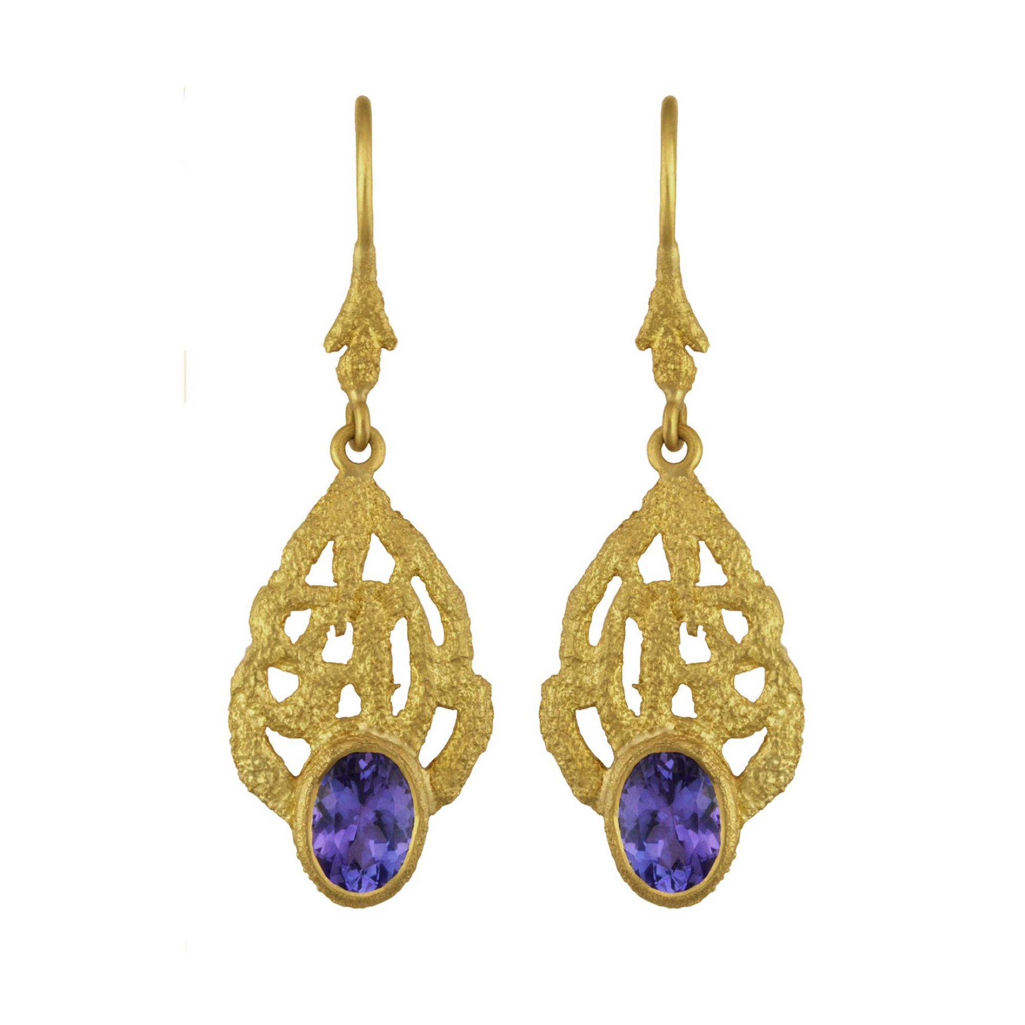Tanzanite Honeycomb Earrings by Laurie Kaiser available at Talisman Collection Fine Jewelers in El Dorado Hills, CA and online. Crafted in textured 18k yellow gold, the Tanzanite Honeycomb Earrings feature an intricate design inspired by nature's honeycomb structure. These simple drop earrings delicately sway on an elegant ear wire and will make sweet addition to your jewelry wardrobe.