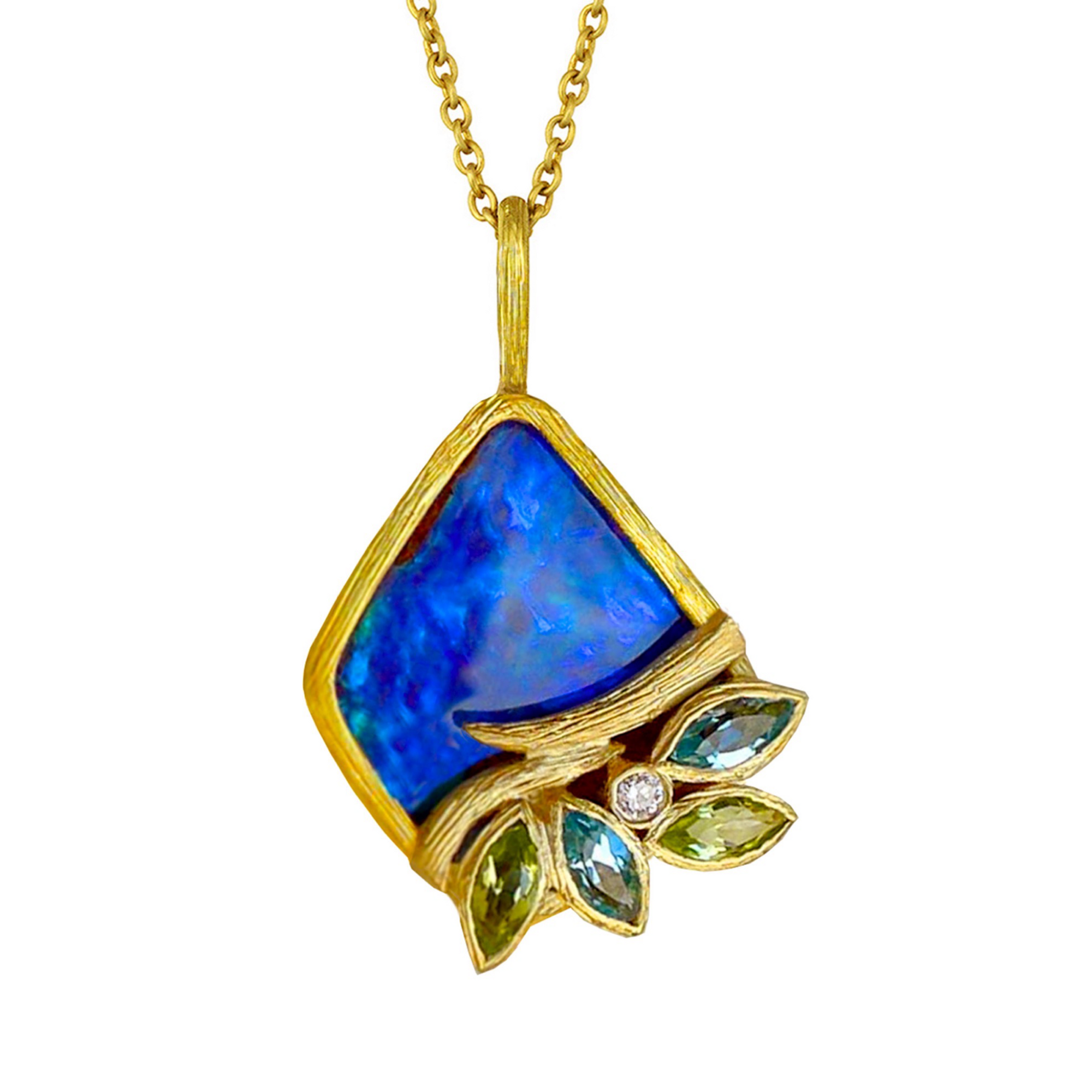 Petal & Vine Opal Necklace by Laurie Kaiser available at Talisman Collection Fine Jewelers in El Dorado Hills, CA and online. Featuring a mesmerizing Boulder opal surrounded by peridot, Swiss blue topaz, and white diamonds, this Petal & Vine necklace is a true work of art. Crafted from 18k yellow gold and complemented by an 18" chain, it exudes sophistication and luxury. Add this exquisite necklace to your jewelry collection for a touch of elegance that will never go out of style.