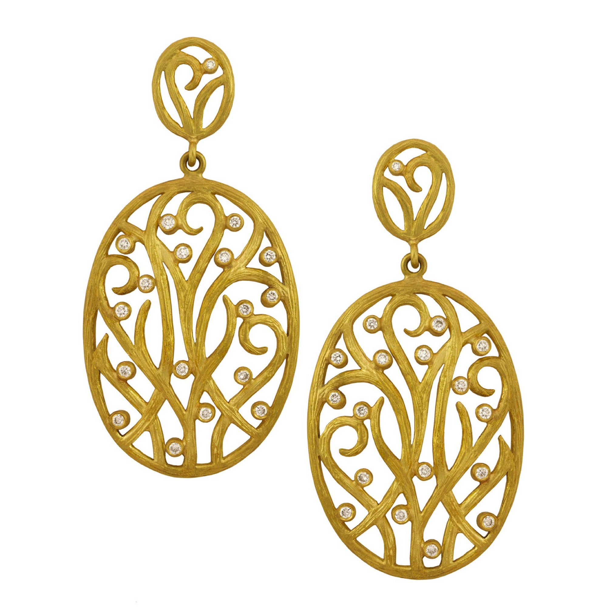 Vine Oval Cut Work Diamond Earrings by Laurie Kaiser available at Talisman Collection Fine Jewelers in El Dorado Hills, CA and online. The perfect addition to your jewelry collection, the Vine Oval Cut Work Diamond Earrings in 18k yellow gold are a romantic pair of statement earrings. With delicate scrolling vines and a total of 0.94 carats of sparkling white brilliant diamonds, these earrings are truly eye-catching. 