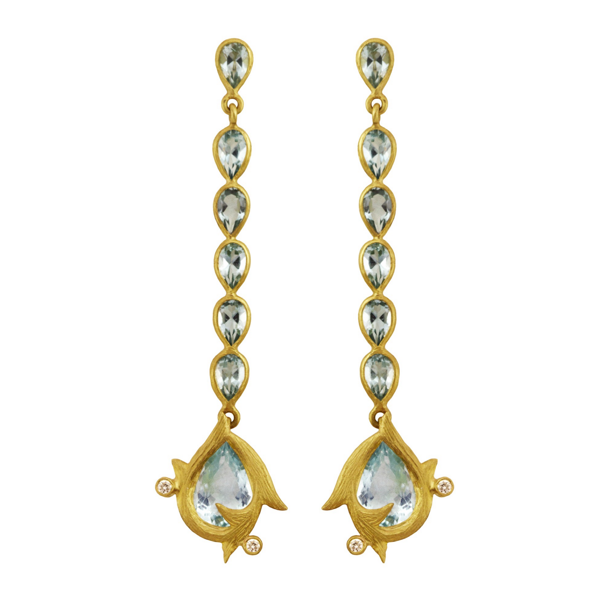 Aquamarine Vine Stick Earrings by Laurie Kaiser available at Talisman Collection Fine Jewelers in El Dorado Hills, CA and online. Expertly crafted in 18k yellow gold, these earrings feature faceted aquamarines and 0.06 carats of white brilliant diamonds. With their elegant and delicate design, they exude sophistication without being too flashy.