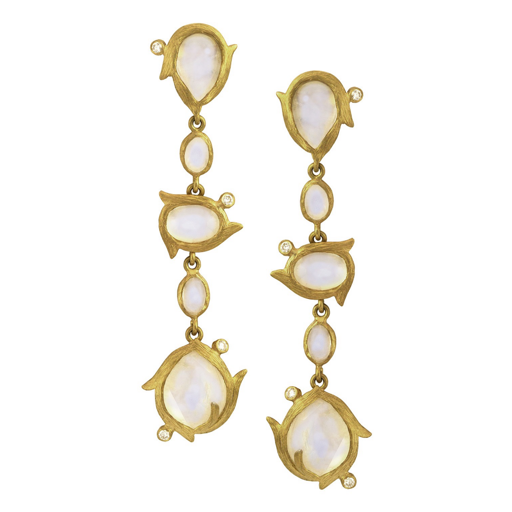 Vine Triple Drop Earrings by Laurie Kaiser available at Talisman Collection Fine Jewelers in El Dorado Hills, CA and online. They feature rainbow moonstones framed in 18k yellow gold vines accented with white brilliant diamonds, totaling 0.12 carats. The linear design gives these earrings a modern feel perfect for any sophisticated and stylish woman.