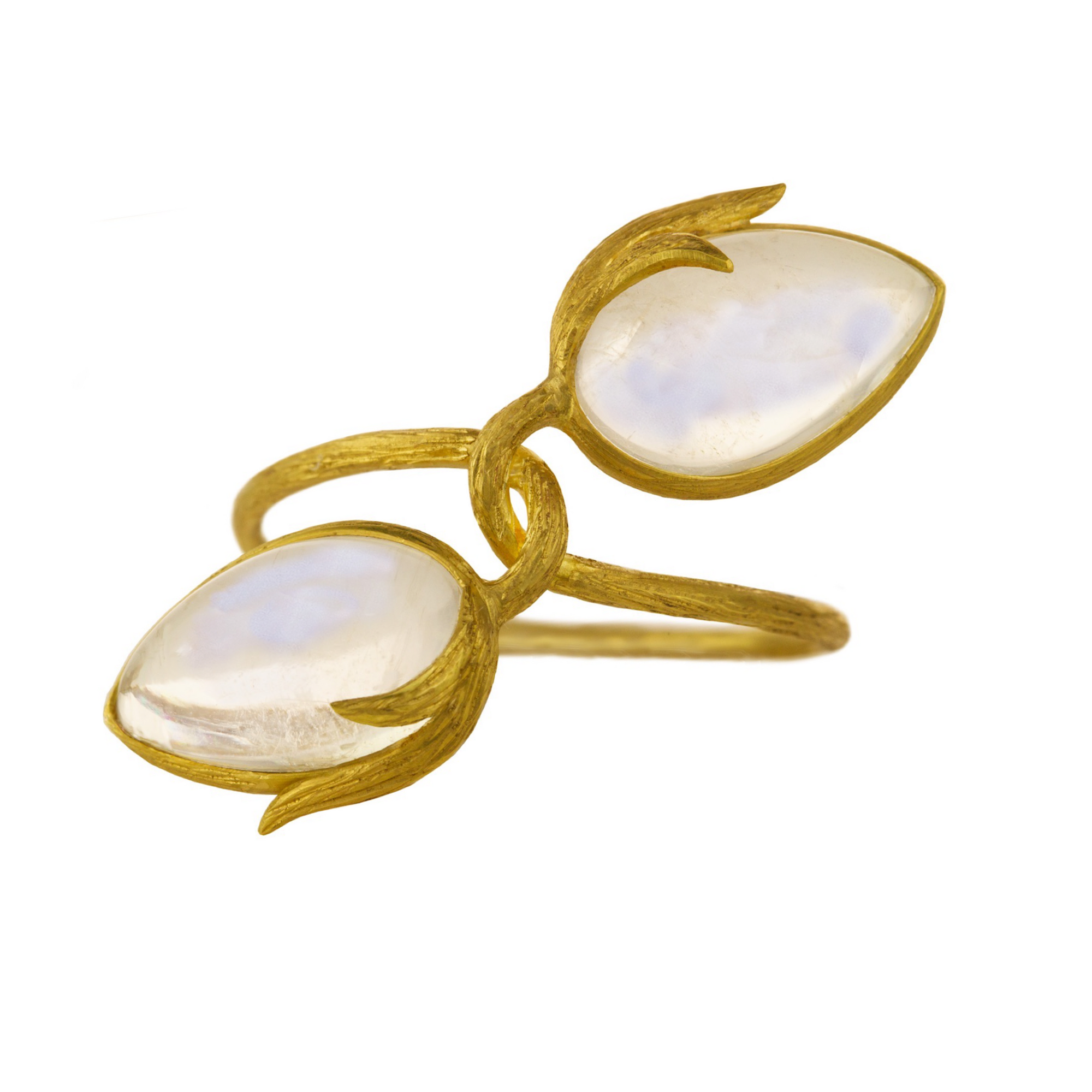 Moonstone Looped Vine Ring by Laurie Kaiser available at Talisman Collection Fine Jewelers in El Dorado Hills, CA and online. Features two pear-cut cabochon rainbow moonstones set on an 18k yellow gold that resembles twisted vines. This ring effortlessly showcases the natural beauty and elegance of the gems, making it a truly remarkable piece. Its unique design make it a standout!