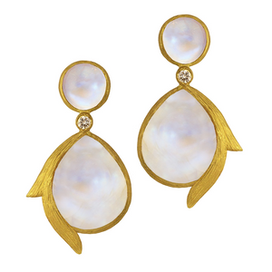  Rainbow Moonstone Vine Teardrop Earrings by Laurie Kaiser available at Talisman Collection Fine Jewelers in El Dorado Hills, CA and online. The Vine Teardrop Earrings feature stunning rainbow moonstones and 0.03cts of white brilliant diamonds, all set in 18k yellow gold. The clean design showcases the luminescent gems and makes these earrings a versatile choice for any occasion, whether dressing up or keeping it casual.