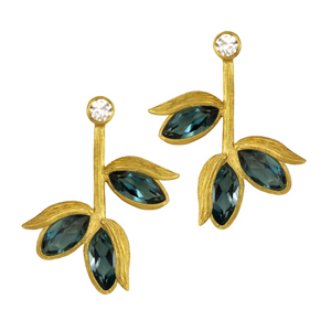London Blue Topaz Petite Petal Earrings Laurie Kaiser available at Talisman Collection Fine Jewelers in El Dorado Hills, CA and online. The London Blue Topaz Petite Petal Earrings feature white sapphire studs, with a carat weight of .65, and three faceted, marquise-cut London blue topaz stones arranged in a petal-like formation. These 18k yellow gold earrings are a charming choice for the modern woman who loves nature-inspired designs.