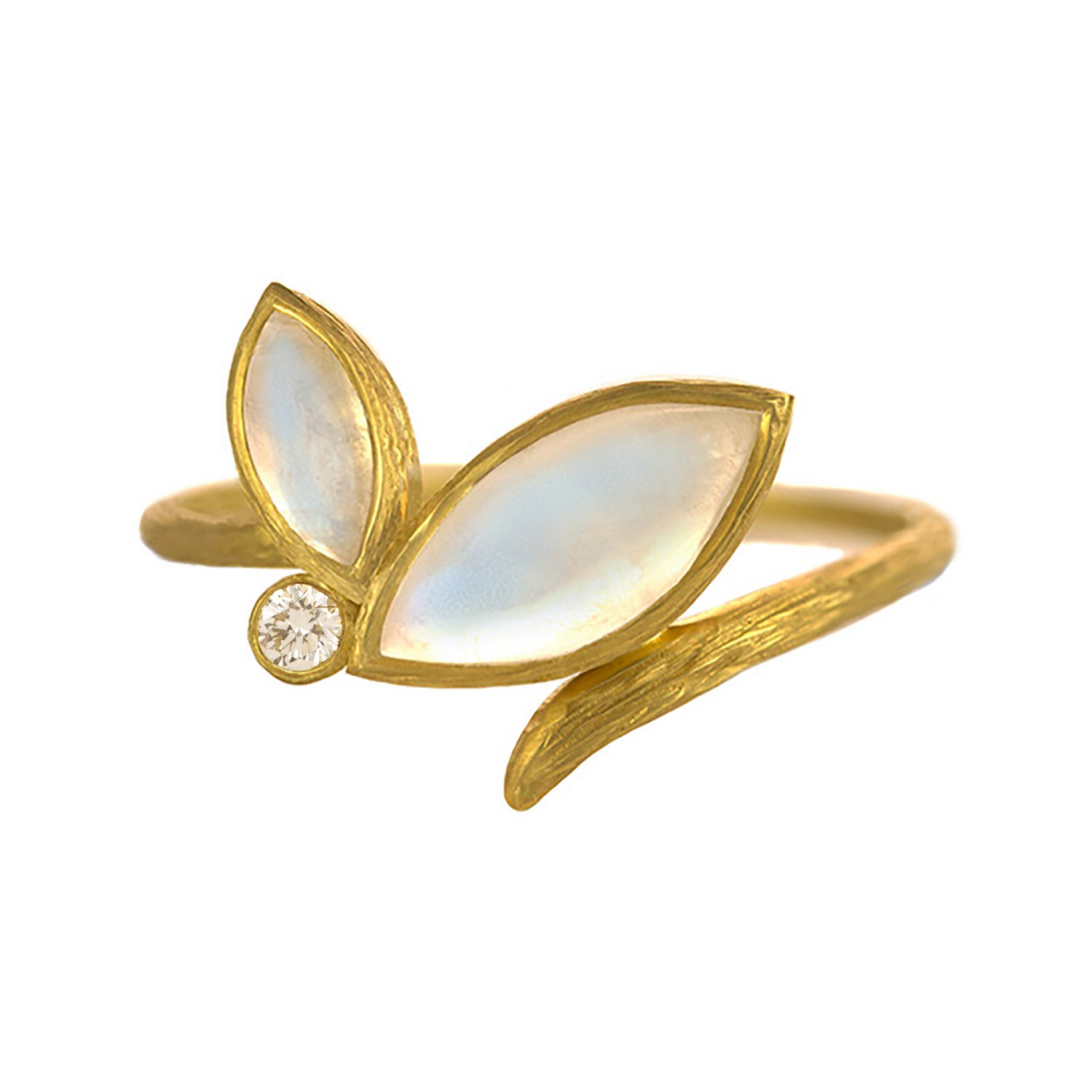 Vine Double Marquis Moonstone Ring by Laurie Kaiser available at Talisman Collection Fine Jewelers in El Dorado Hills, CA and online. The Vine Double Marquis Moonstone Ring showcases two beautiful rainbow moonstones set on an elegant 18k yellow gold band, accented by a 0.04 cts white diamond. This lovely ring has an understated elegance making it perfect to everyday. 