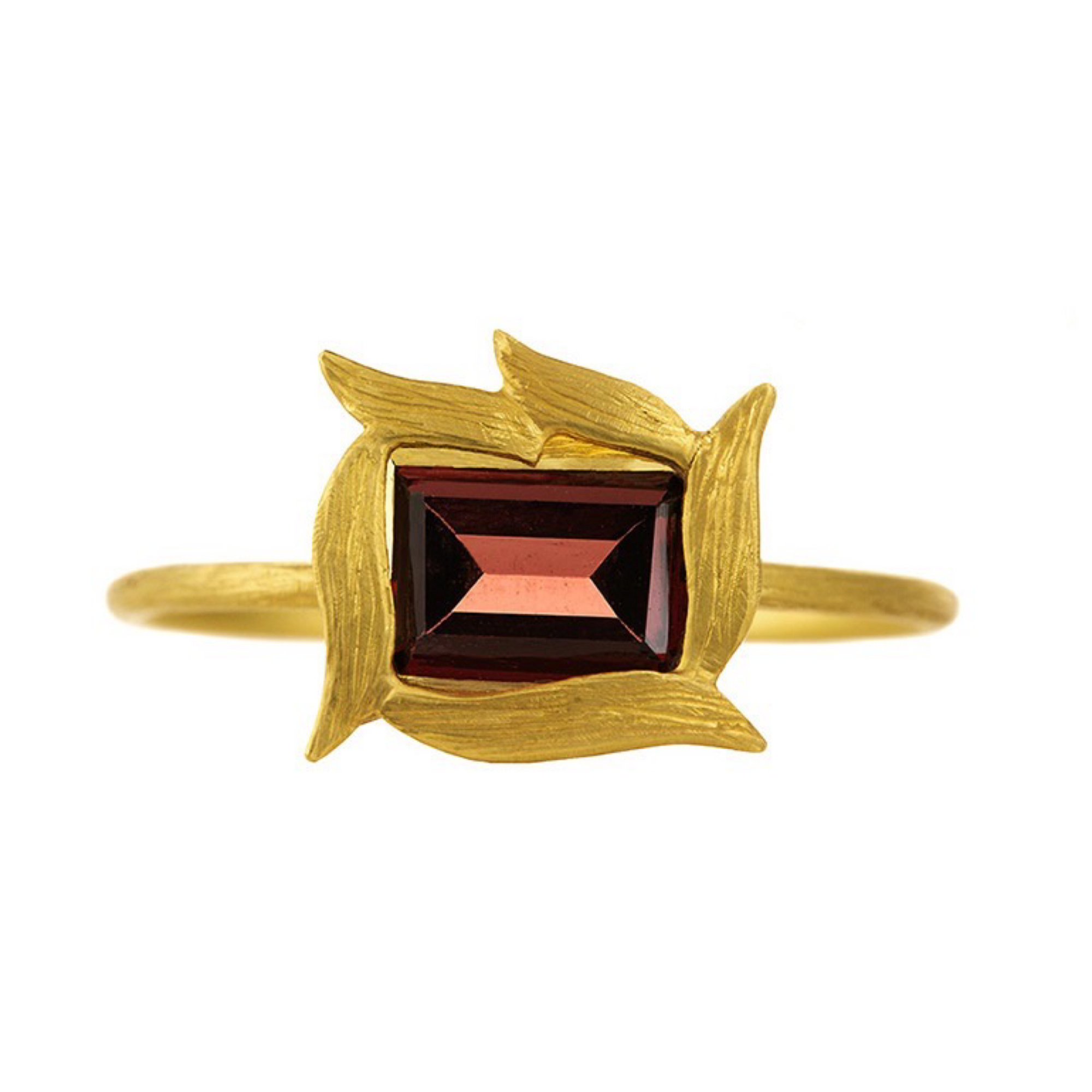 Vine Framed Garnet Ring by Laurie Kaiser available at Talisman Collection Fine Jewelers in El Dorado Hills, CA and online. This Vine Framed Garnet Ring features an emerald-cut garnet that is beautifully surrounded by 18k yellow gold vines on a gold band. The simplicity of the design allows the vibrant color of the garnet to be the centerstage. 