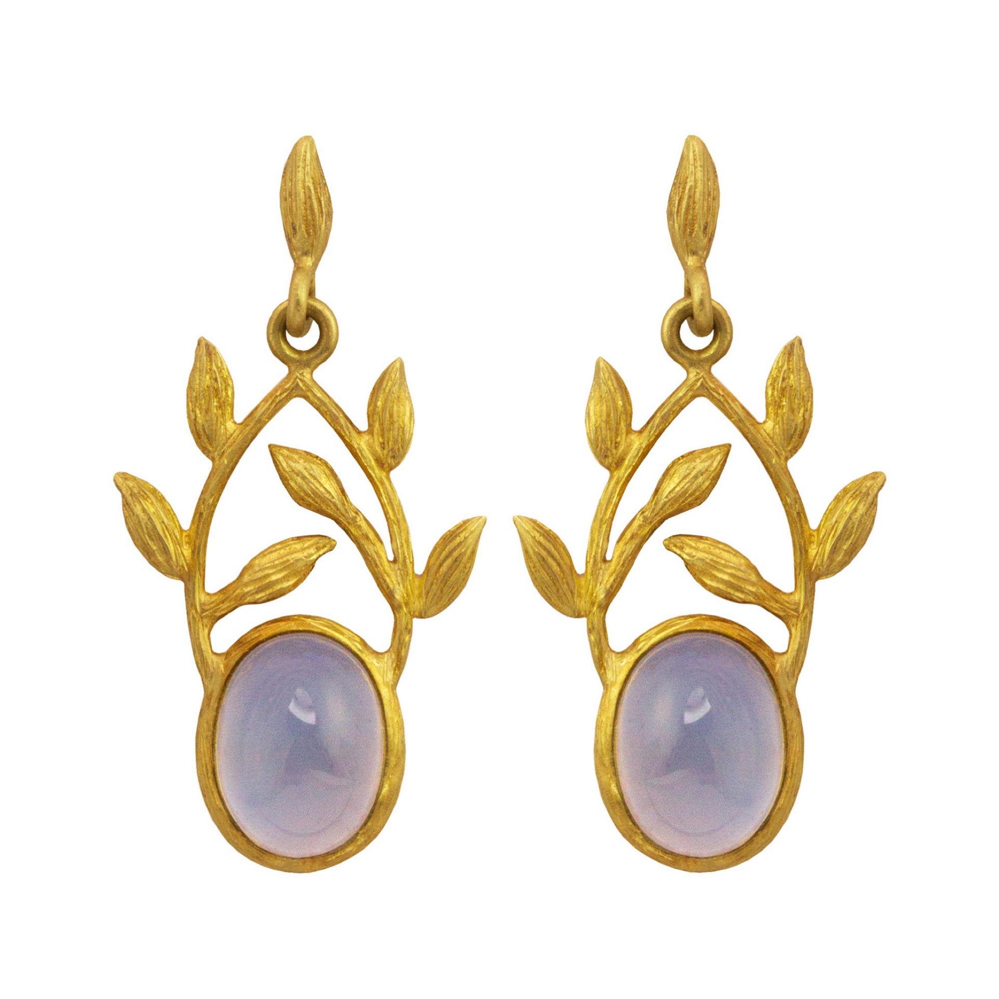 Chalcedony Leaf Crown Earrings by Laurie Kaiser available at Talisman Collection Fine Jewelers in El Dorado Hills, CA and online. The earrings feature lavender chalcedony cabochon ovals that dangle gracefully from 18k yellow gold vines. These lovey earrings secure with a comfortable post back closure. 