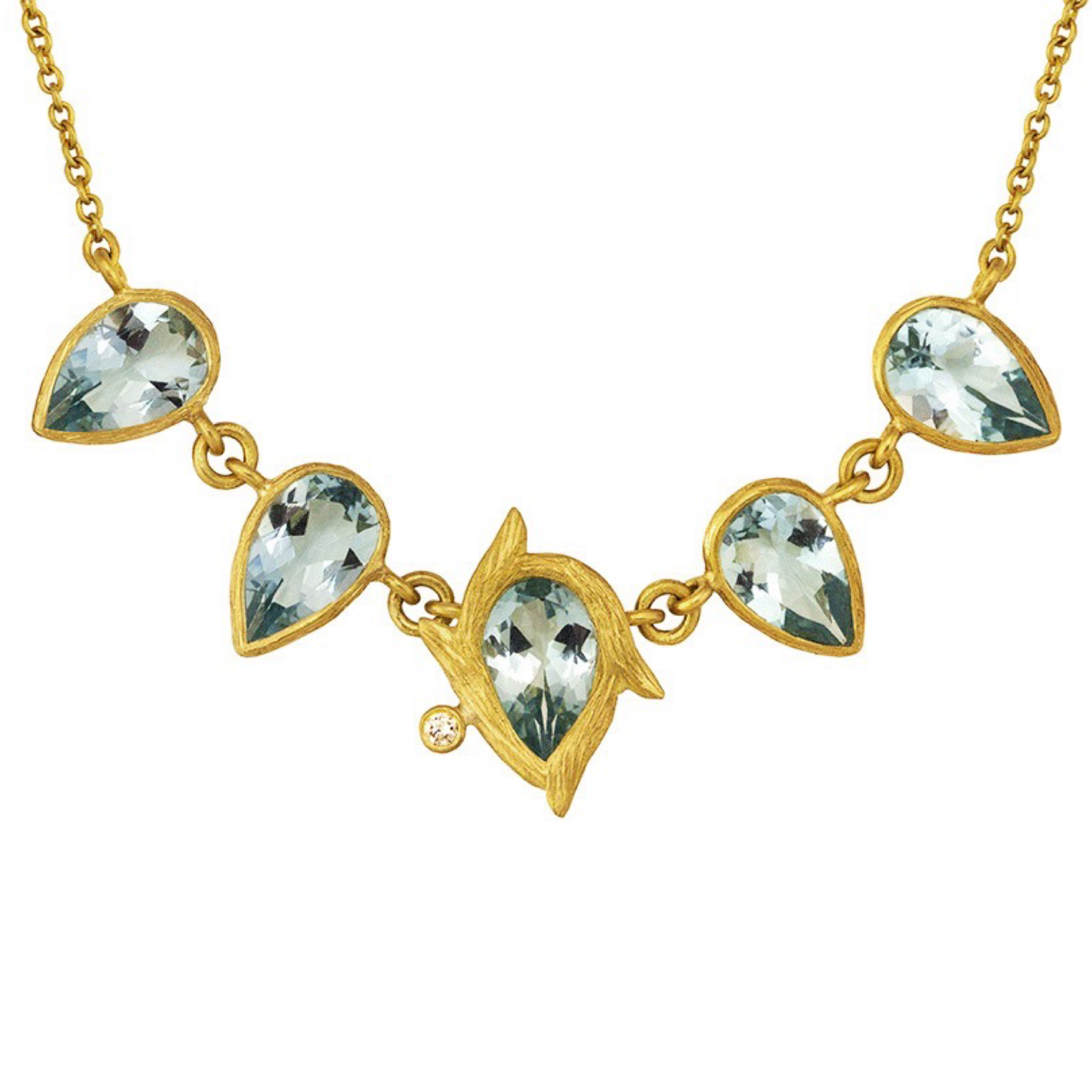 Aquamarine Vine Chain Necklace by Laurie Kaiser available at Talisman Collection Fine Jewelers in El Dorado Hills, CA and online. The five small pear-cut aquamarines are bezel-set and arranged on an 18k yellow gold chain, with a .02 ct white brilliant diamond accent. You will feel pretty every time you put it on.