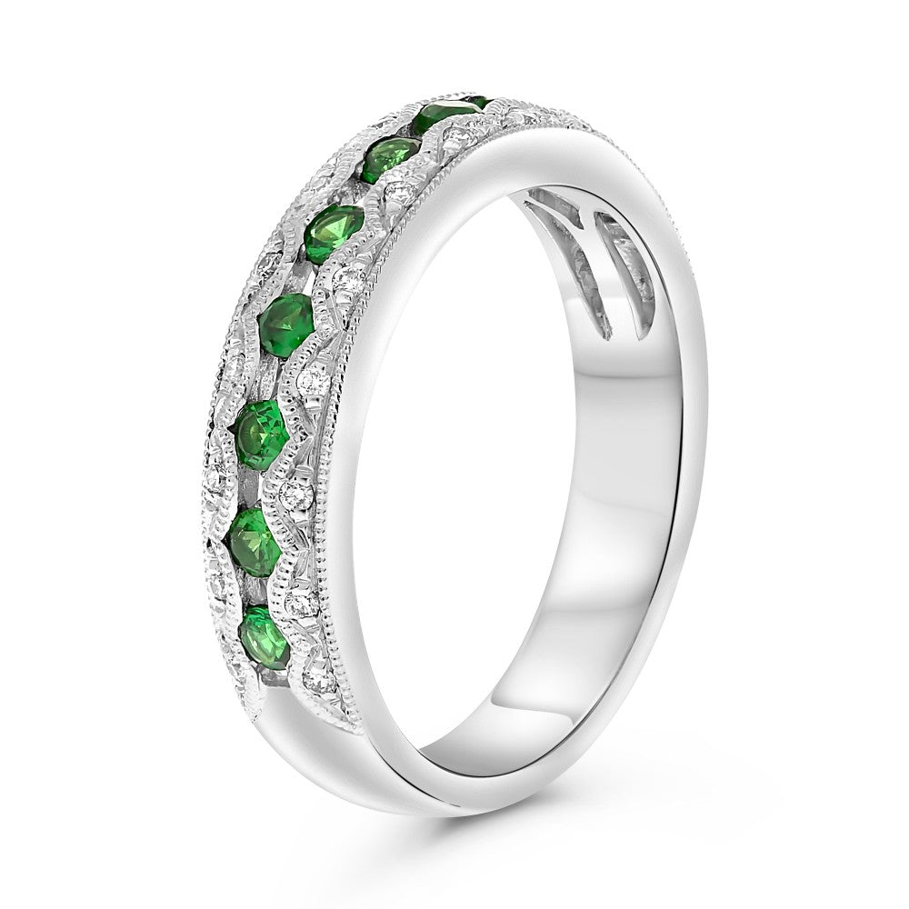 Tsavorite and Diamond Scalloped Milgrain Stack Band - Talisman Collection Fine Jewelers