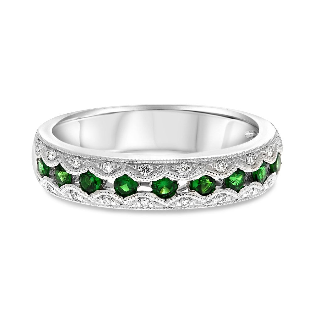 Tsavorite and Diamond Scalloped Milgrain Stack Band - Talisman Collection Fine Jewelers