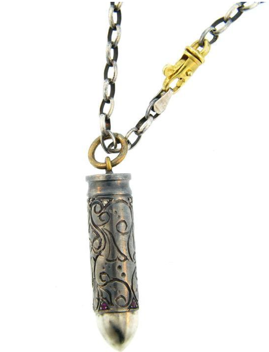 Hand Carved Silver Bullet Pendant with Rubies & Diamonds by Atelier Minyon - Talisman Collection Fine Jewelers