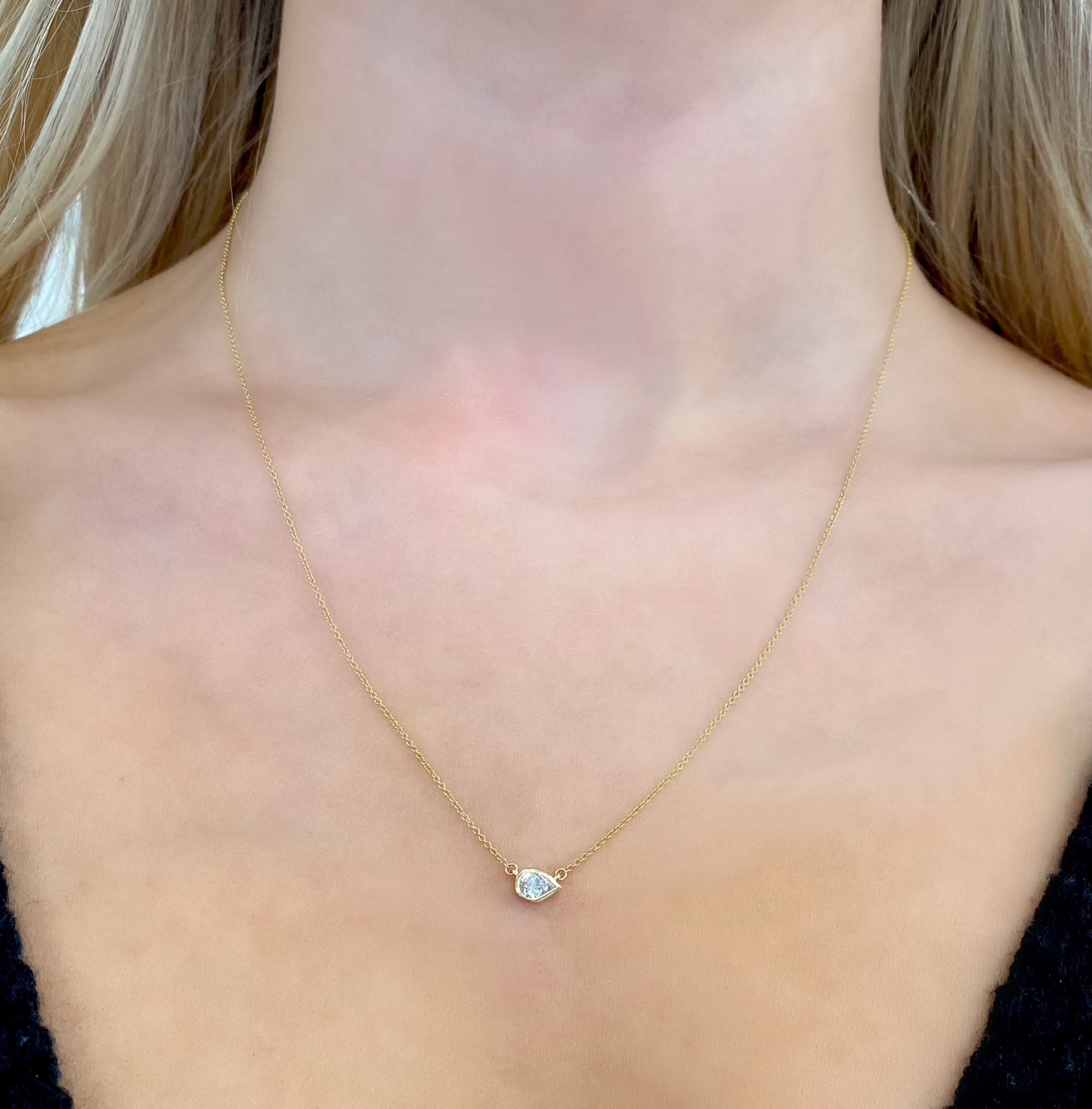 Diamond Necklace, Bezel Set Sideways Pear Shape in White, Yellow or Rose Gold